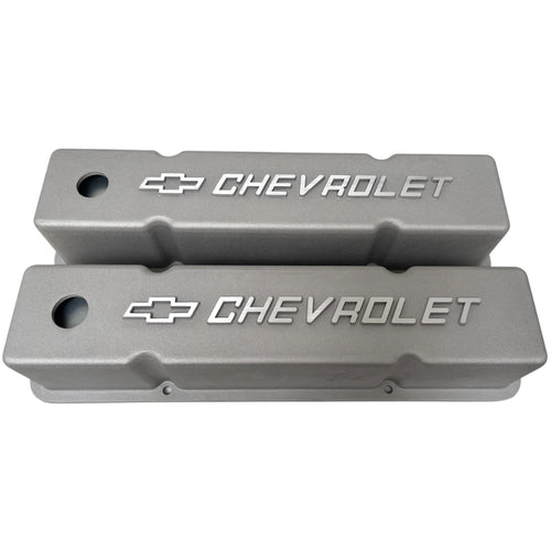 Small Block Chevy Chevrolet Raised Logo Tall Valve Covers - Bead Blast