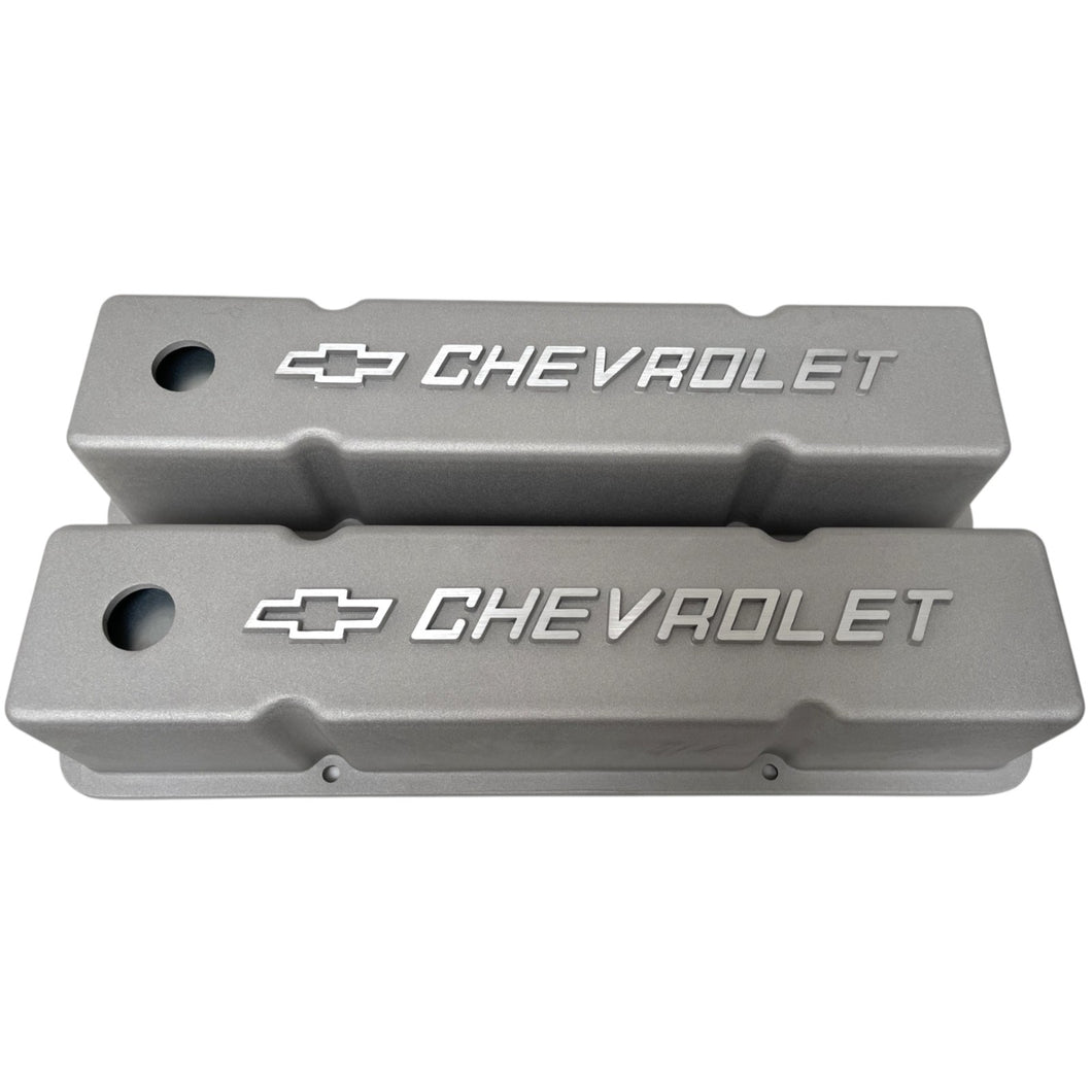 Small Block Chevy Chevrolet Raised Logo Tall Valve Covers - Bead Blast