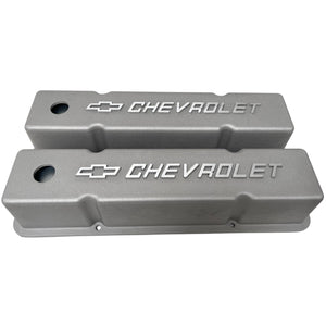 Small Block Chevy Chevrolet Raised Logo Tall Valve Covers - Bead Blast