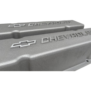 Small Block Chevy Chevrolet Raised Logo Tall Valve Covers - Bead Blast