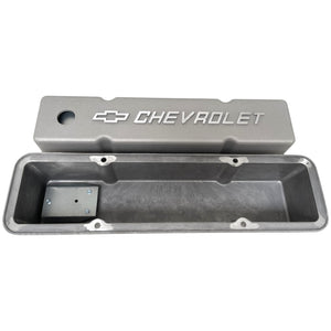 Small Block Chevy Chevrolet Raised Logo Tall Valve Covers - Bead Blast