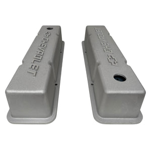 Small Block Chevy Chevrolet Raised Logo Tall Valve Covers - Bead Blast