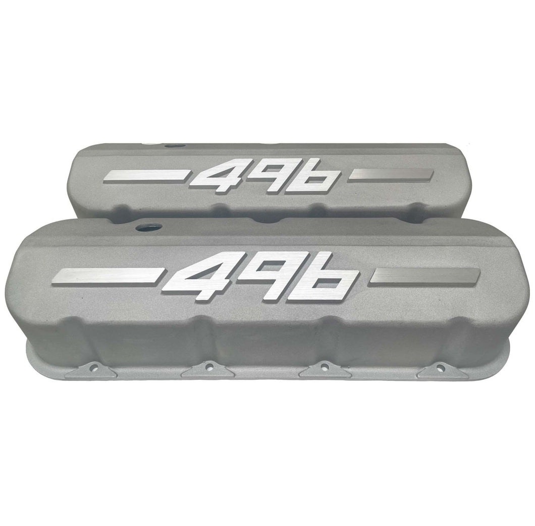 Big Block Chevy 496 - RAISED LOGO - Tall Valve Covers - Bead Blast