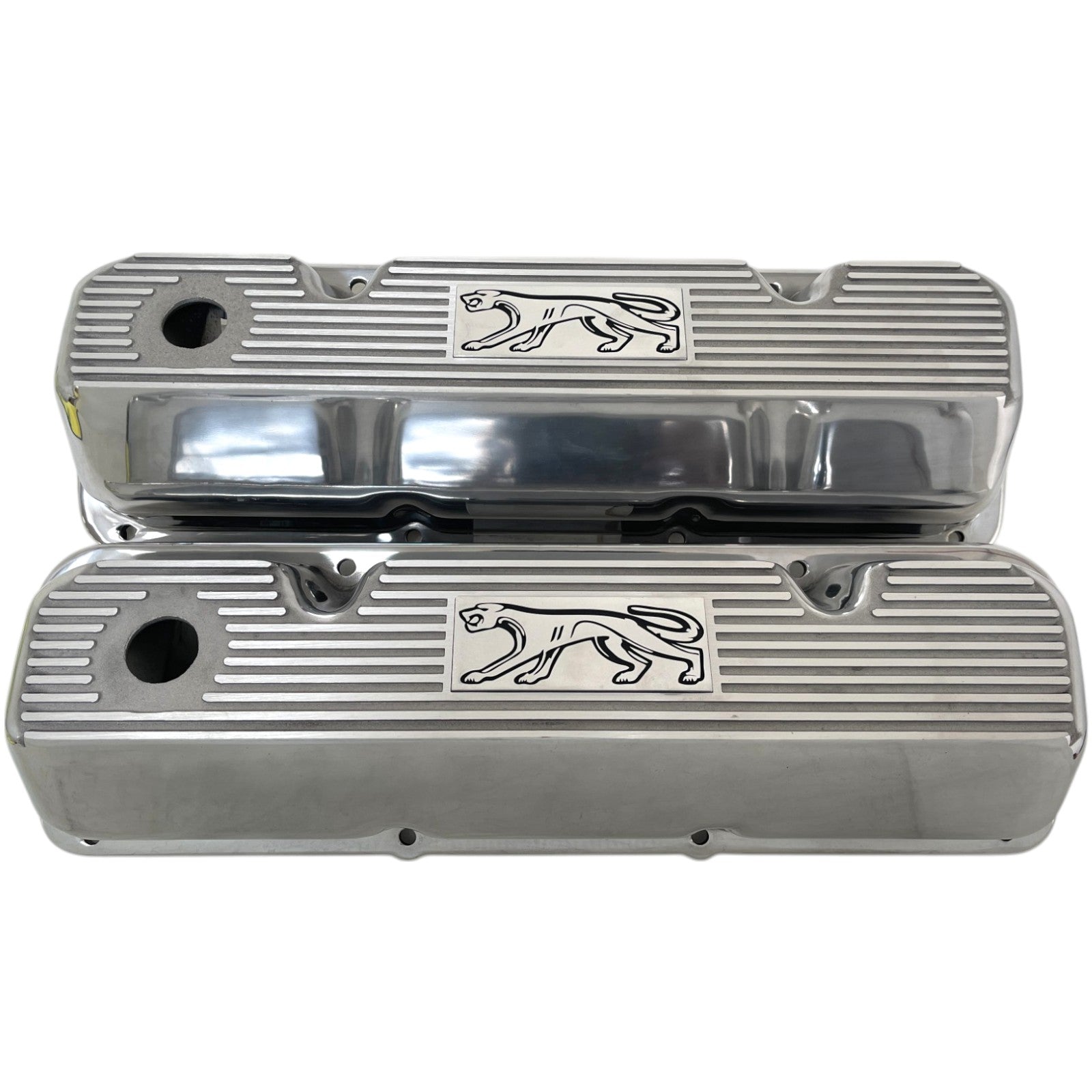 Ford 351 Cleveland - Cougar Logo - Finned Valve Covers - Polished