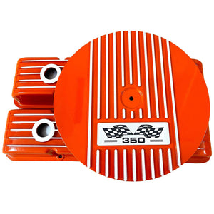 Small Block Chevy 350 Flag Logo Valve Covers & 14" Air Cleaner - Orange