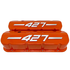 Big Block Chevy 427 - RAISED LOGO - Tall Valve Covers - Orange