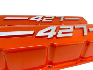Big Block Chevy 427 - RAISED LOGO - Tall Valve Covers - Orange