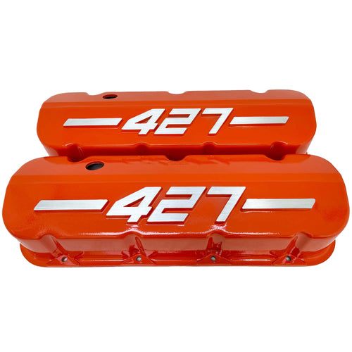 Big Block Chevy 427 - RAISED LOGO - Tall Valve Covers - Orange