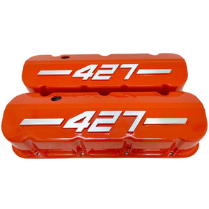 Big Block Chevy 427 - RAISED LOGO - Tall Valve Covers - Orange