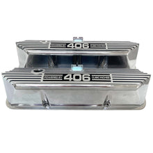 Load image into Gallery viewer, Ford FE Tall Powered By 406 Valve Covers - Long Plate - Polished