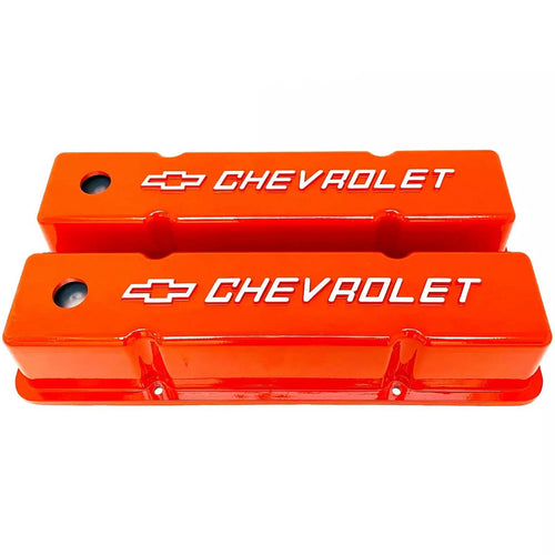 Small Block Chevy Chevrolet Raised Letter Tall Valve Covers - Orange