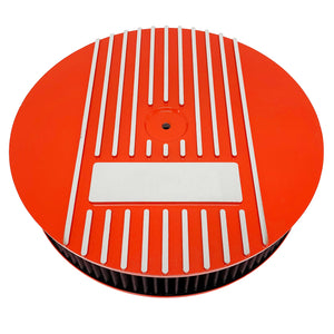 ansen custom engraving, 13 inch round air cleaner kit, orange, front view