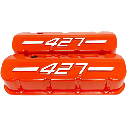 Big Block Chevy 427 - RAISED LOGO - Tall Valve Covers - Orange