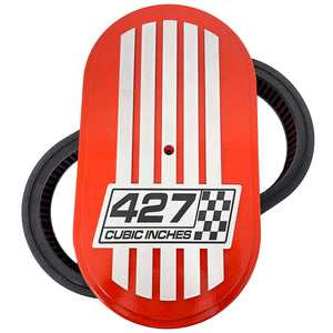427 Cubic Inches, Custom Raised Billet Top Logo 15" Oval Air Cleaner Lid Kit - Orange