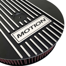 Load image into Gallery viewer, ansen valve covers, 13&quot; round air cleaner kit, motion logo, close up view