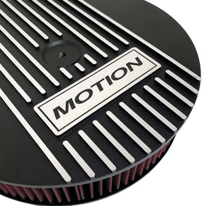 ansen valve covers, 13" round air cleaner kit, motion logo, close up view