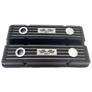 Small Block Chevy 327 Flag Logo Valve Covers & 13" Air Cleaner - Black