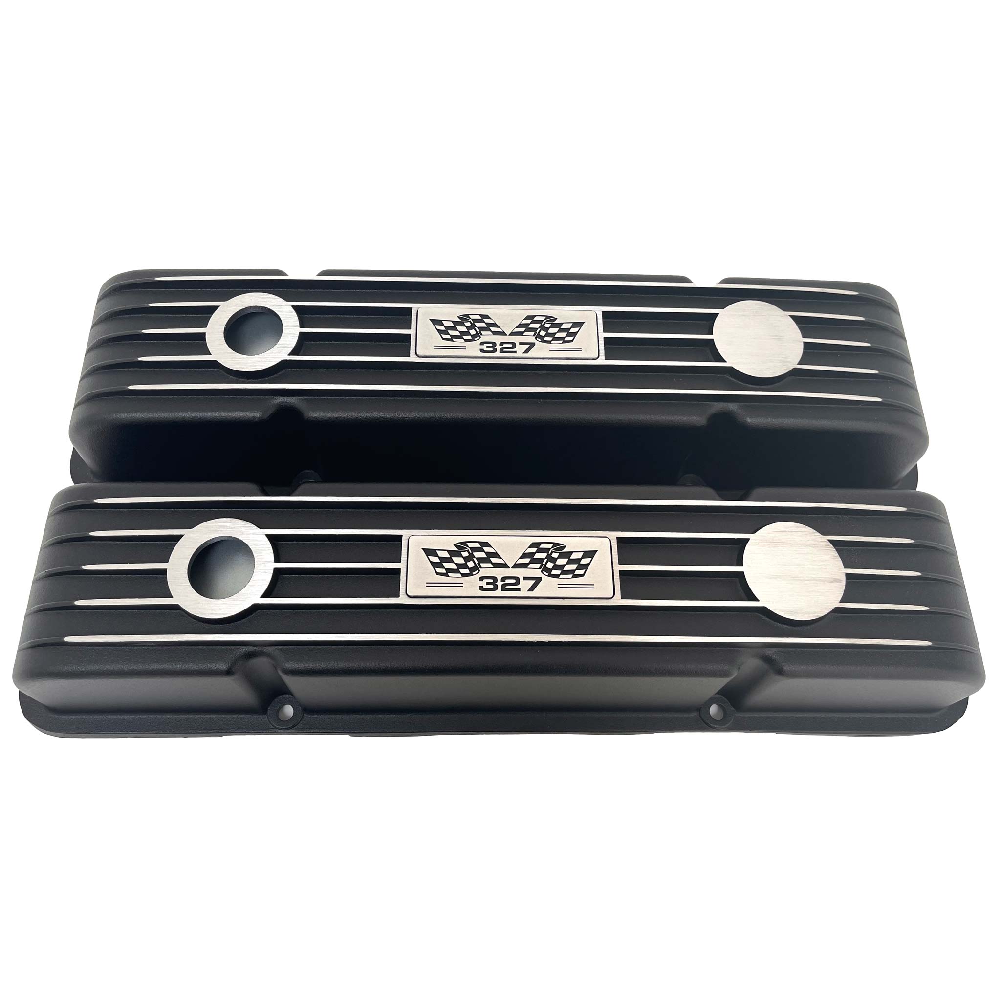 Small Block Chevy 327 Flag Logo Finned Valve Covers - Black