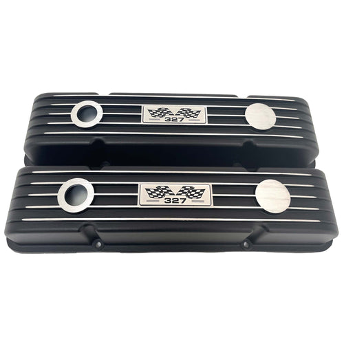 Small Block Chevy 327 Flag Logo Finned Valve Covers - Black