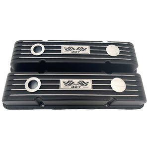 Small Block Chevy 327 Finned Valve Covers & 14" Round Air Cleaner Kit - Black
