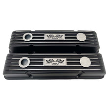 Load image into Gallery viewer, Small Block Chevy 350 Flag Logo Finned Valve Covers - Black