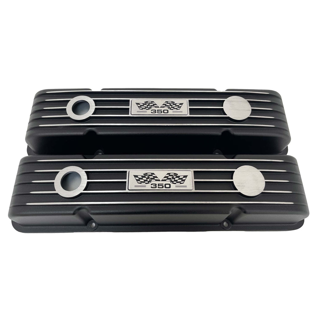Small Block Chevy 350 Flag Logo Finned Valve Covers - Black