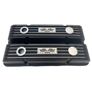 Small Block Chevy 355 Finned Valve Covers & 14" Round Air Cleaner Kit - Black