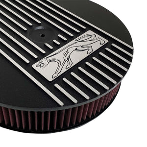 ansen custom engraving, ford cougar logo air cleaner kit, 13 inch round, black, close up view