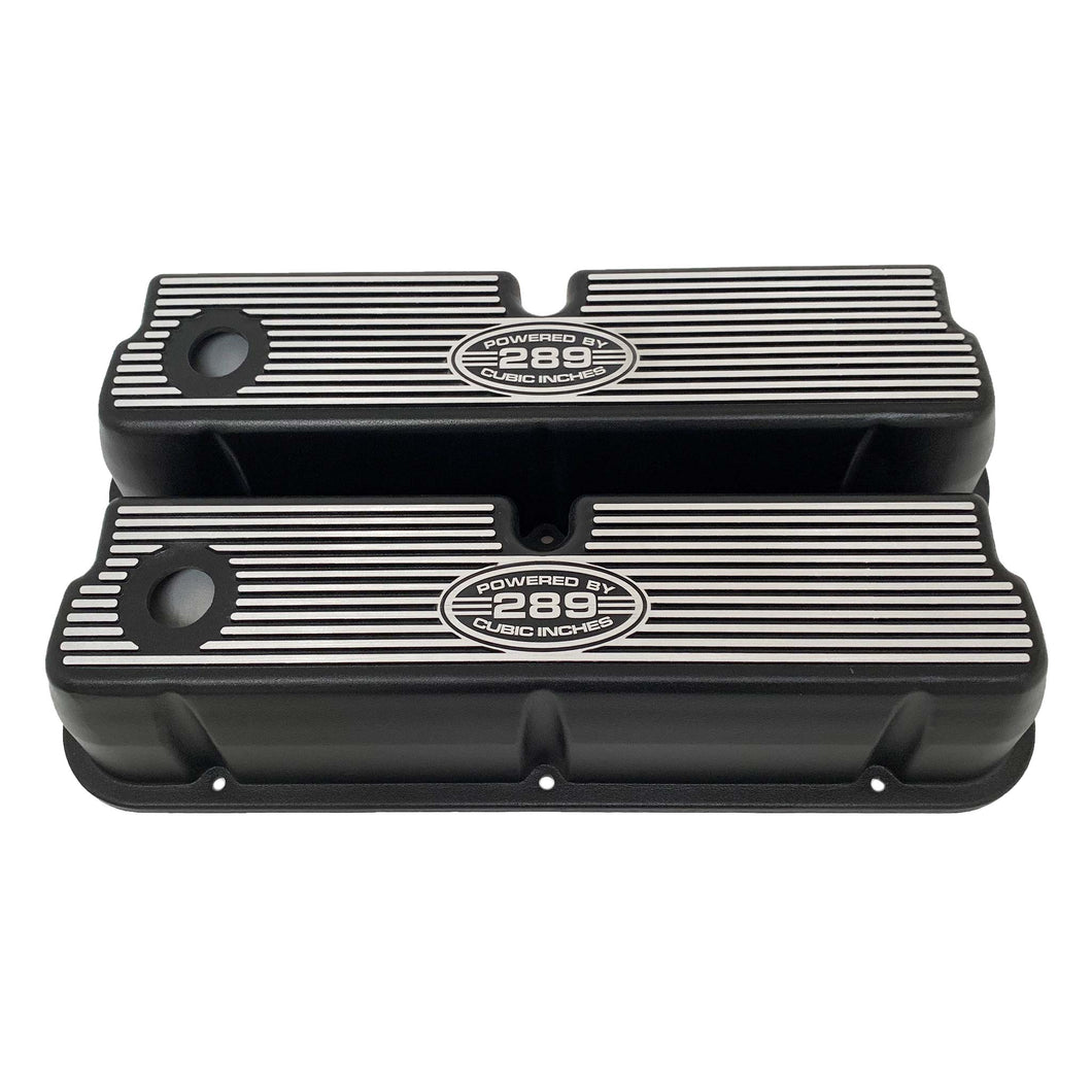 Ford 289 Valve Covers Tall Finned (POWERED BY 289 CUBIC INCHES) Black