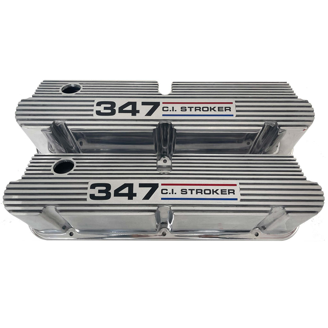 Ford Small Block Pentroof 347 C.I. Stroker Tall Valve Covers, 3 Color Logo - Polished