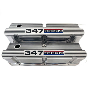 Ford Small Block Pentroof 347 Cobra Tall Valve Covers, 3 Color Logo - Polished
