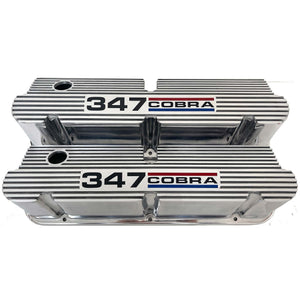 Ford Small Block Pentroof 347 Cobra Tall Valve Covers, 3 Color Logo - Polished