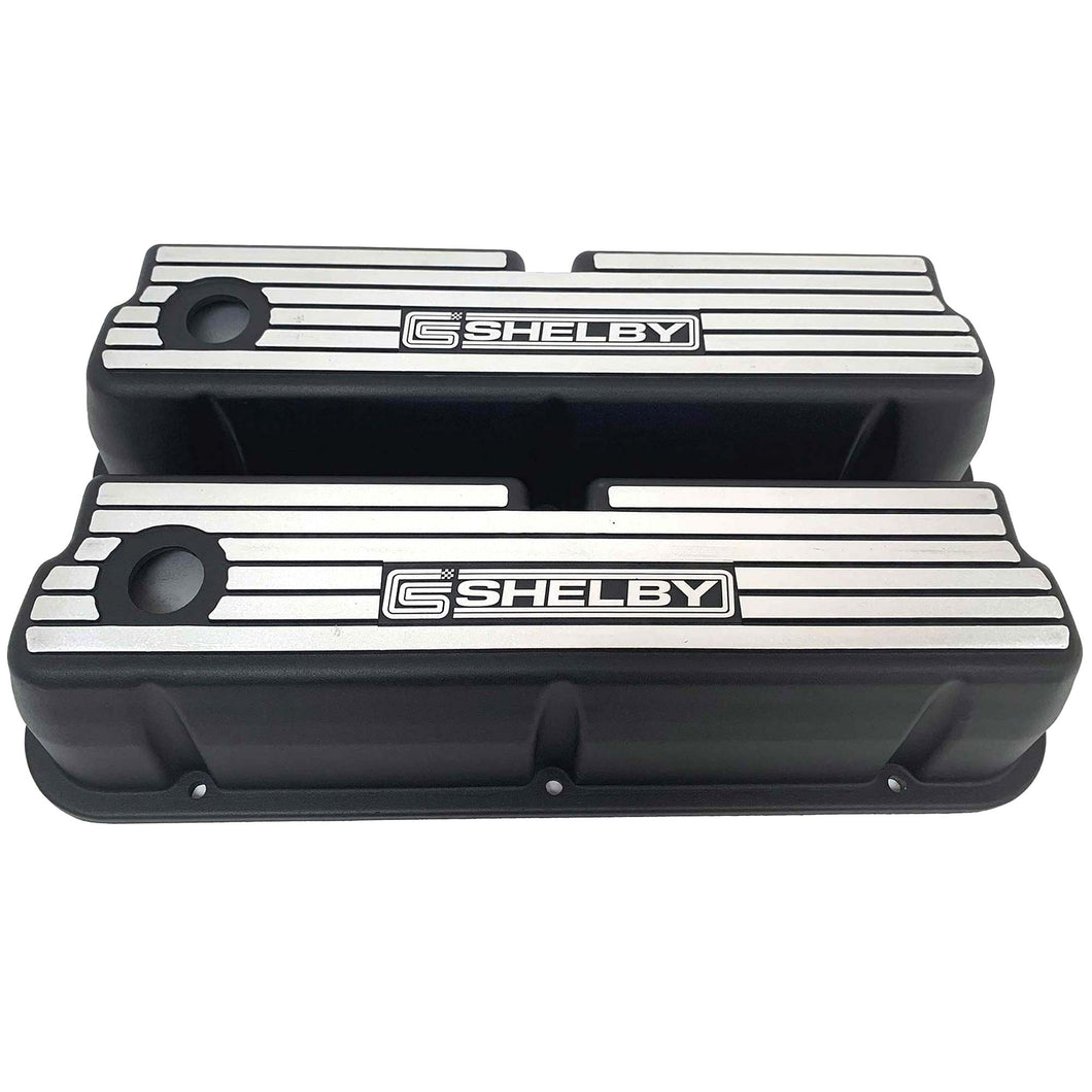 Ford 351 Windsor Black Valve Covers - NEW Wide Fins - Carroll Shelby Logo
