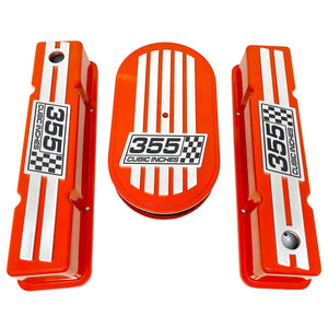 355 Cubic Inches Small Block Chevy Valve Covers & Air Cleaner Kit - Billet Top - Orange