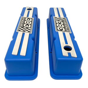 383 Stroker SBC Tall Valve Covers, Engraved Billet - Style 2 - Blue
