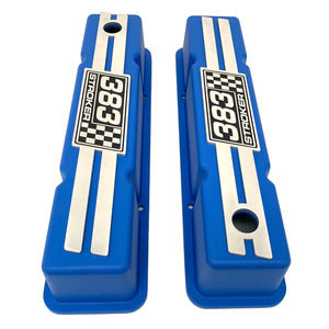 383 Stroker SBC Tall Valve Covers, Engraved Billet - Style 2 - Blue