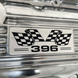 Big Block Chevy 396 Flag Logo, Classic Finned, Polished Valve Covers