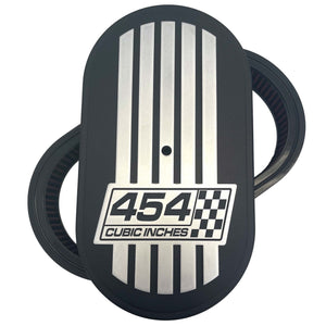 454 Cubic Inches, Raised Billet Top Logo 15" Oval Air Cleaner Kit - Black