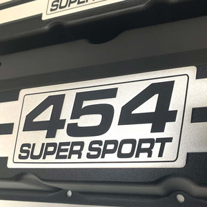 Chevy 454 Super Sport - Big Block Tall Slant Top Valve Covers - Engraved Raised Billet - Black
