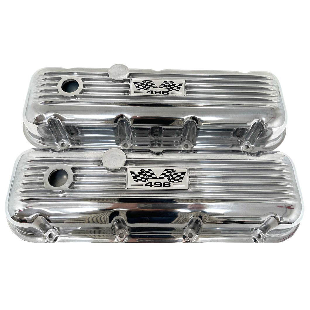 Big Block Chevy 496 Flag Logo, Classic Finned, Polished Valve Covers