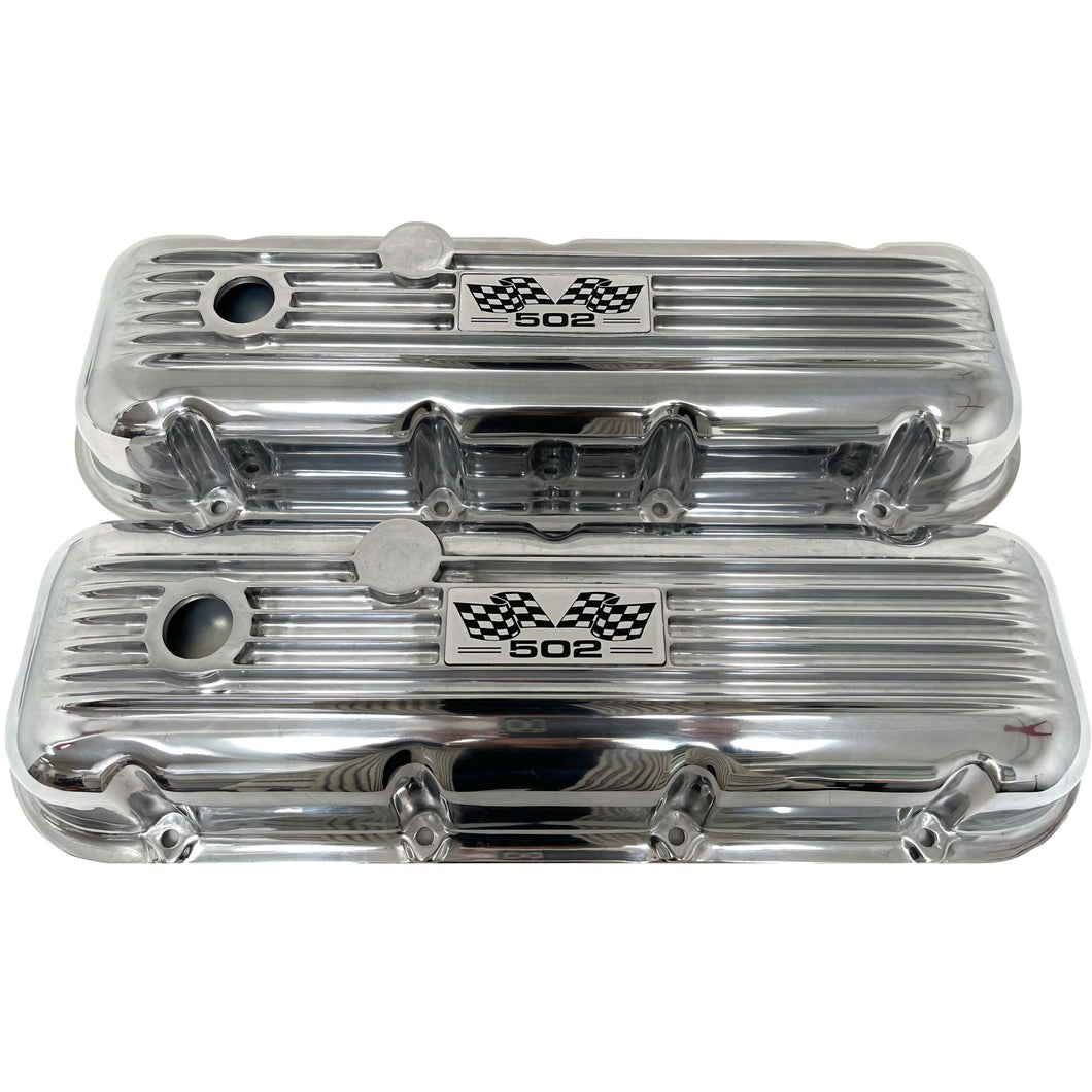 Big Block Chevy 502 Valve Covers, Flag Logo, Classic Finned - Polished