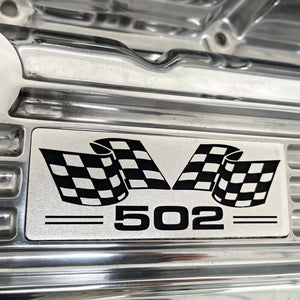 Big Block Chevy 502 Valve Covers, Flag Logo, Classic Finned - Polished