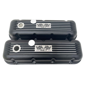 427 Big Block Chevy Classic Finned Valve Covers & 13" Air Cleaner Kit - Flag Logo - Black