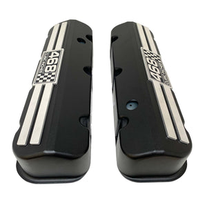 Chevy 468 - Big Block Tall Slant Top Black Valve Covers - Engraved Raised Billet - Style 2