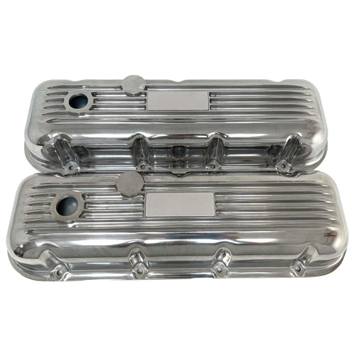 Chevy Big Block Classic Finned Valve Covers - Polished, Customizable Nameplate