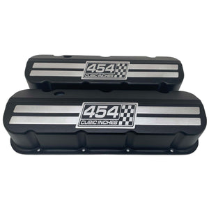 Chevy 454 Cubic Inches - Big Block Tall Slant Top Valve Covers - Engraved Raised Billet - Black, Version 2