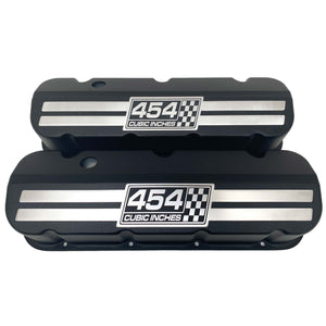 Chevy 454 Cubic Inches - Big Block Tall Slant Top Valve Covers - Engraved Raised Billet - Black, Version 2