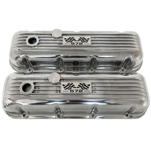 Big Block Chevy 572 Valve Covers, Flag Logo, Classic Finned - Polished