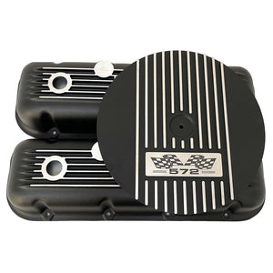 572 Big Block Chevy Classic Finned Valve Covers & 13" Air Cleaner Kit - Flag Logo - Black