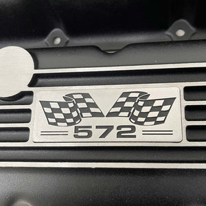 Big Block Chevy 572 Valve Covers, Flag Logo, Classic Finned - Black
